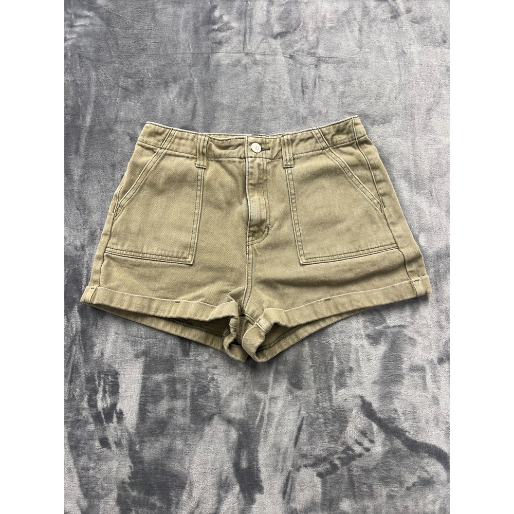 Pacsun Mom Shorts Womens 28 Olive Green Denim Cotton Cuff High Waisted Dark Wash